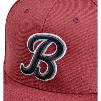 Maroon BILTWELL Script B Hat by Bill's Exhausts, showing front view with embroidered logo and adjustable strap detail.