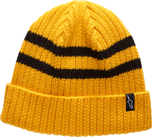 Alpinestars gold roller beanie, one size, soft knit fabric, featuring the brand logo, designed for warmth and style.