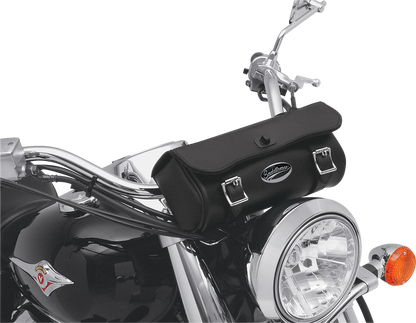Large Saddlemens Drifter Tool Bag on motorcycle seat, durable storage solution with secure straps, by Bill's Exhausts.