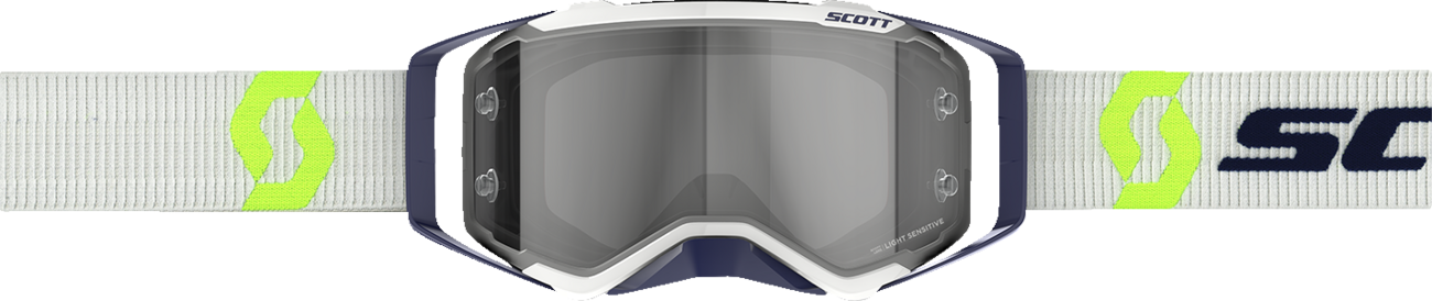 Scott Prospect Light Sensitive Goggles in gray and yellow, designed for engine work, featuring a secure fit and adjustable straps.
