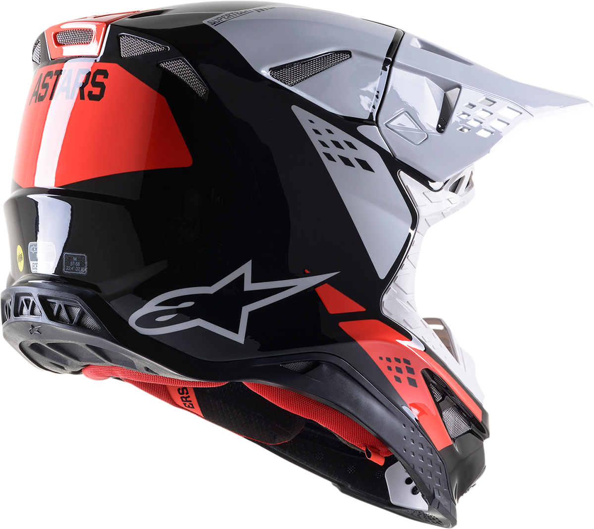 Alpinestars Supertech M8 helmet in black, white, and red with a sleek racing design, medium size, facing forward.