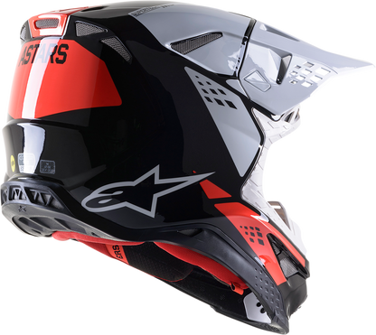 Alpinestars Supertech M8 helmet in black, white, and red with a sleek racing design, medium size, facing forward.