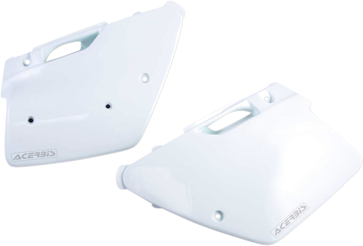 A set of white ACERBIS side panels for motorcycle body, designed for compatibility with specific models.