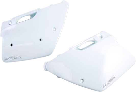 A set of white ACERBIS side panels for motorcycle body, designed for compatibility with specific models.