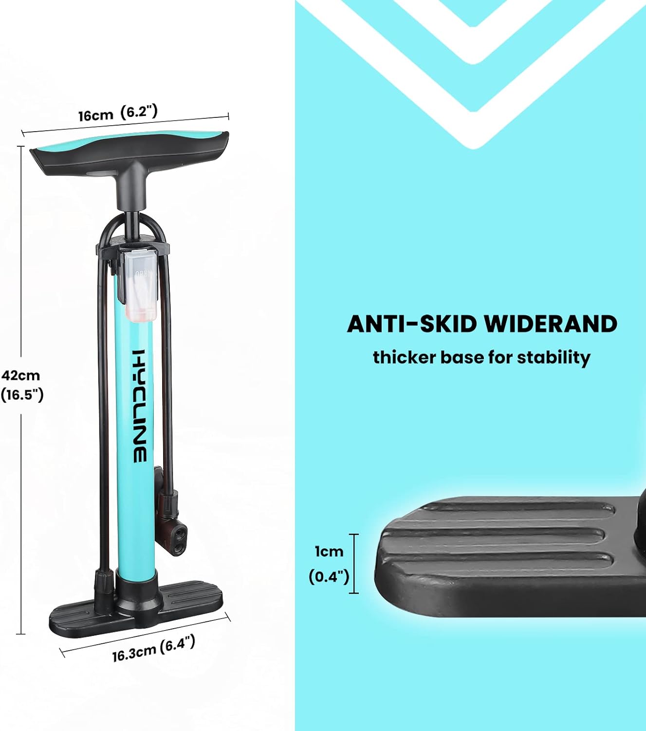 Hycline basic bicycle pump with handle and pressure gauge for inflating bike tires, featuring a compact, durable design.