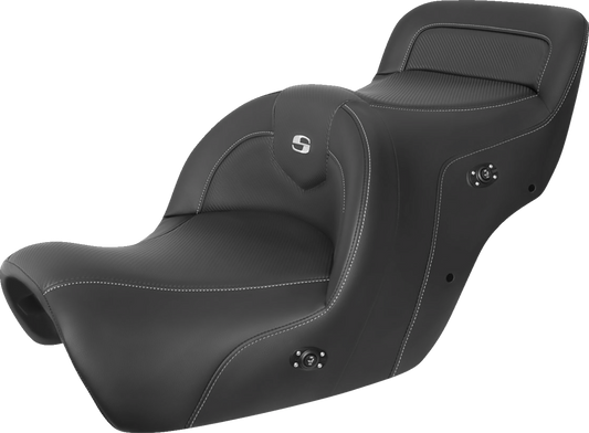 Black SADDLEMEN Heated Roadsofa seat with carbon fiber finish, designed for motorcycle, without backrest.