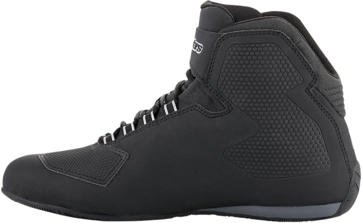 Alpinestars Sektor waterproof motorcycle boots in US size 13, black with reinforced soles and ankle protection.