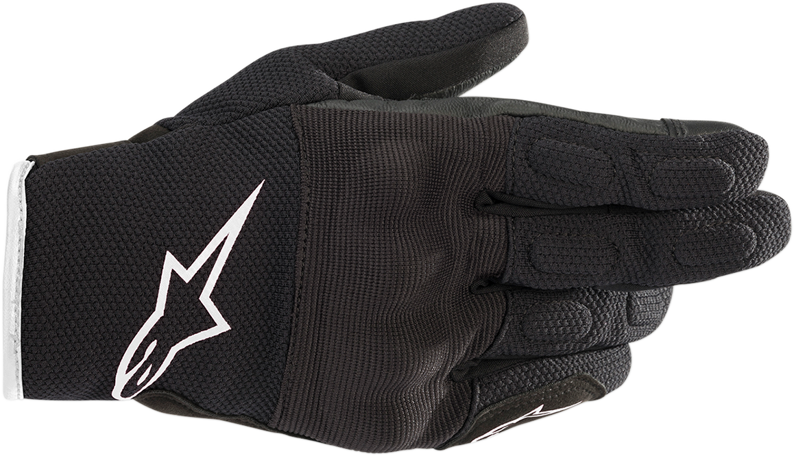 Alpinestars Stella S-Max Drystar® motorcycle gloves in black and white, large size, showing textured palm and protective knuckles.