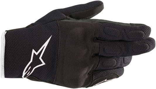 Alpinestars Stella S-Max Drystar® motorcycle gloves in black and white, large size, showing textured palm and protective knuckles.