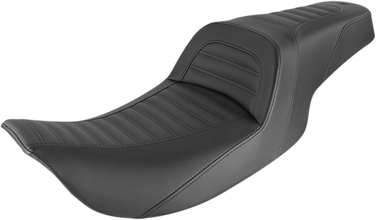 Black SADDLEMEN Slim Roll and Pleat motorcycle seat from Bill's Exhausts, featuring a sleek, contoured design for comfortable riding.