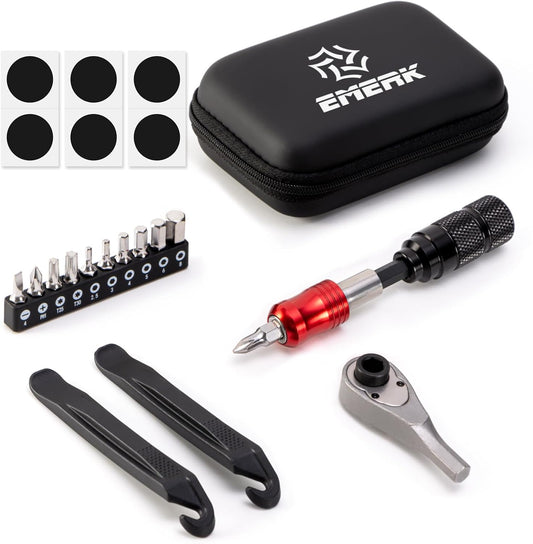 Hycline EMERK bike repair tool kit with various bicycle parts and tools for bike maintenance and repair.
