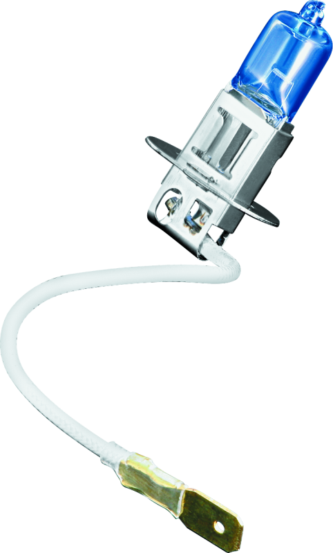 Kuryakyn Super White 35W H3 bulb for powersports lighting, showing a bright white halogen bulb with clear glass and metal base.
