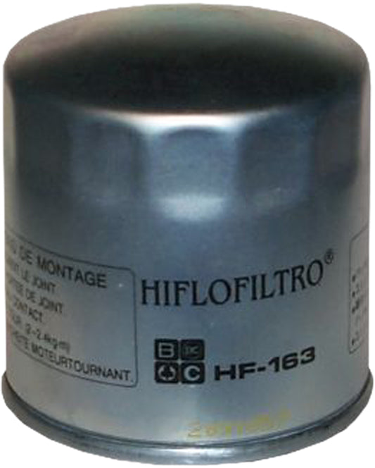 HIFLOFILTRO HF163 motorcycle engine oil filter with metal casing and filter element, designed for motorcycle engine maintenance.