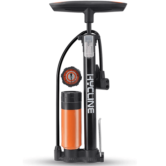 Hycline gauge booster bike pump with digital pressure gauge and flexible hose for easy tire inflation.