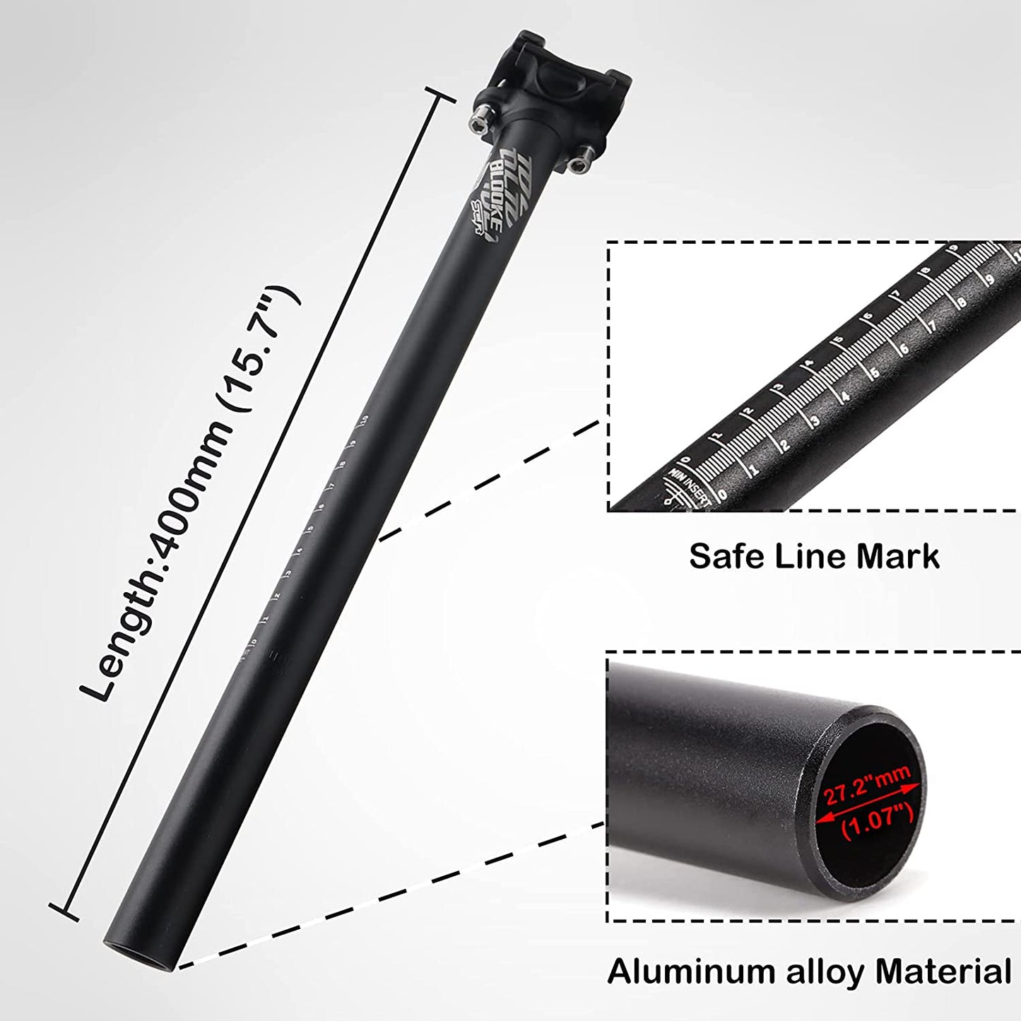 Hycline aluminum alloy bicycle seatpost, adjustable 25.4/27.2mm x 400mm, for mountain and road bikes.