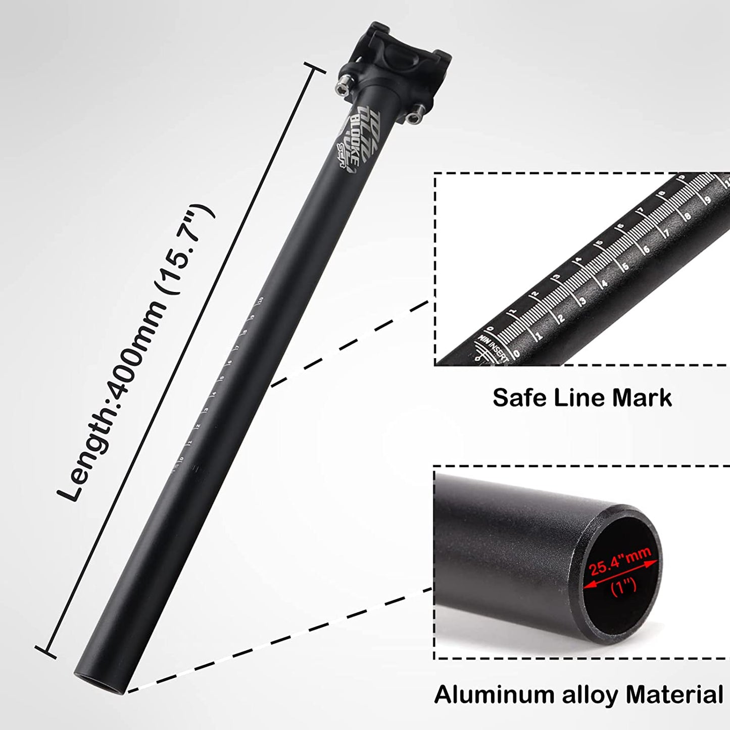 Hycline aluminum alloy adjustable bicycle seatpost, 25.4/27.2 x 400mm, with a sleek design for mountain and road bikes.