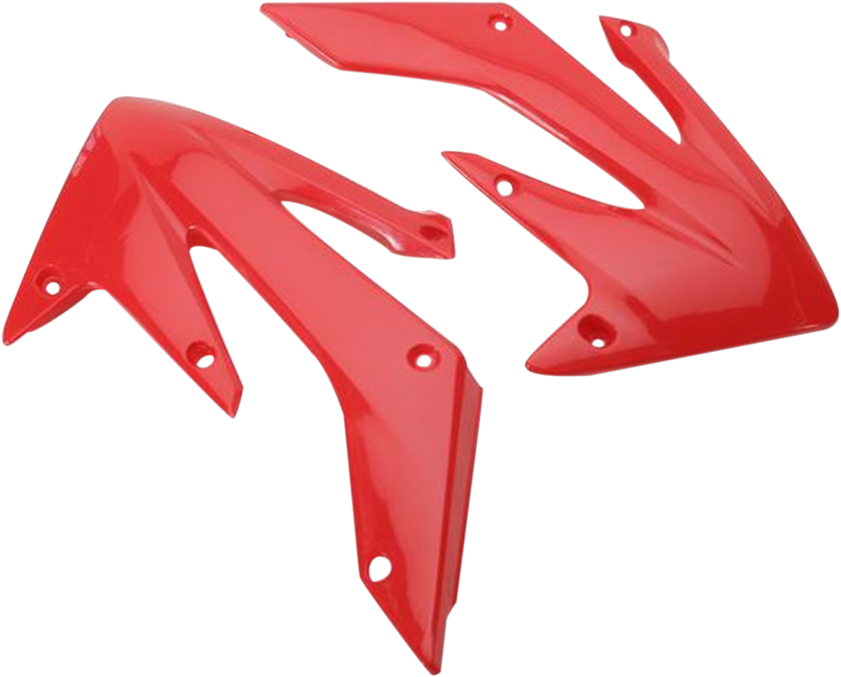 Red Acerbis radiator shrouds for motocross bikes, designed by Bill's Exhausts, featuring sturdy body protection and vibrant color.