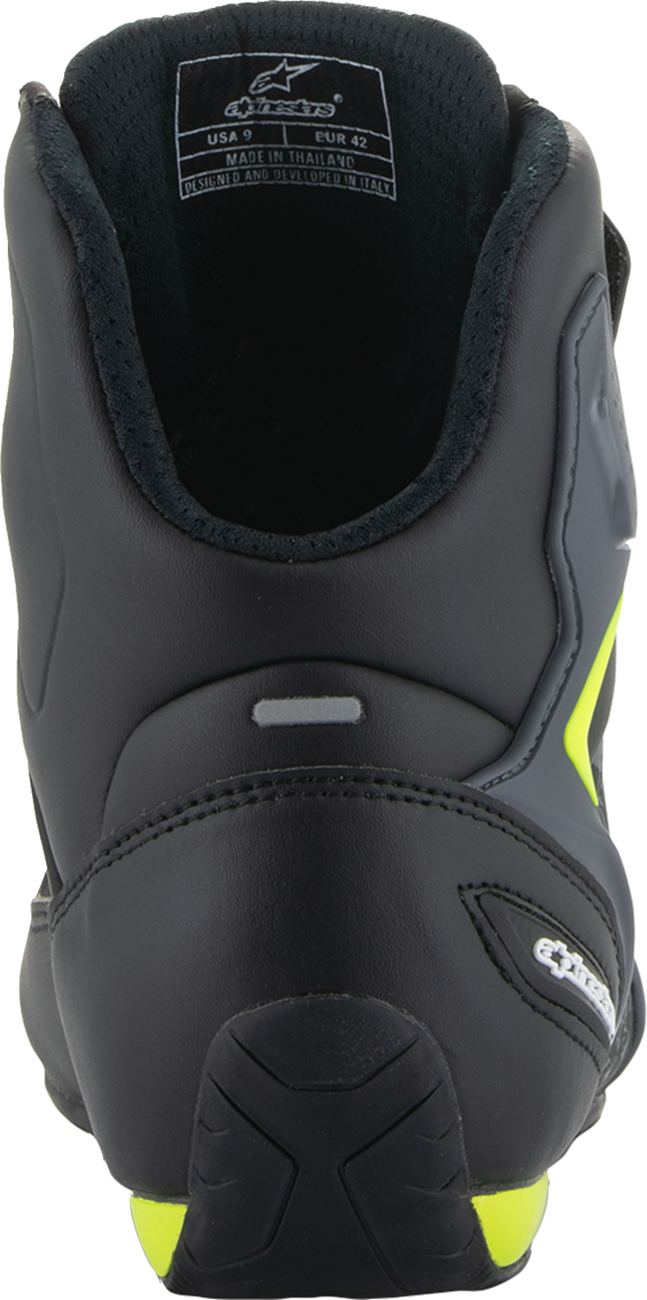 Alpinestars Faster-3 black and yellow motorcycle shoes, US size 13, featuring protective design and sporty style.