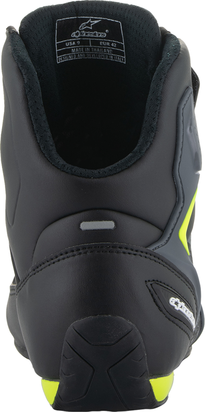Alpinestars Faster-3 black and yellow motorcycle shoes, US size 13, featuring protective design and sporty style.