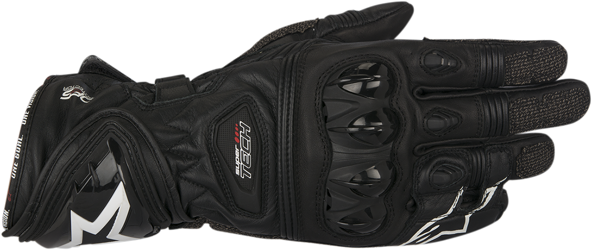 Bill's Exhausts Alpinstars Supertech motorcycle gloves in black, medium size, showing the textured leather and protective features.