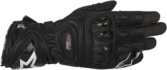 Bill's Exhausts Alpinstars Supertech motorcycle gloves in black, medium size, showing the textured leather and protective features.