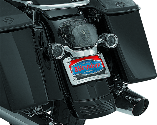 Kuryakyn curved license plate mount for Harley-Davidson Touring and Street Glide motorcycles, designed for secure fitting.