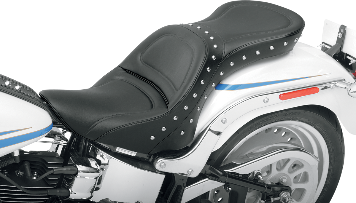 Bill's Exhausts SADDLEMEN Explorer Special Seat for FLSTF 2007-2017 motorcycle, with detailed padding and leather finish.