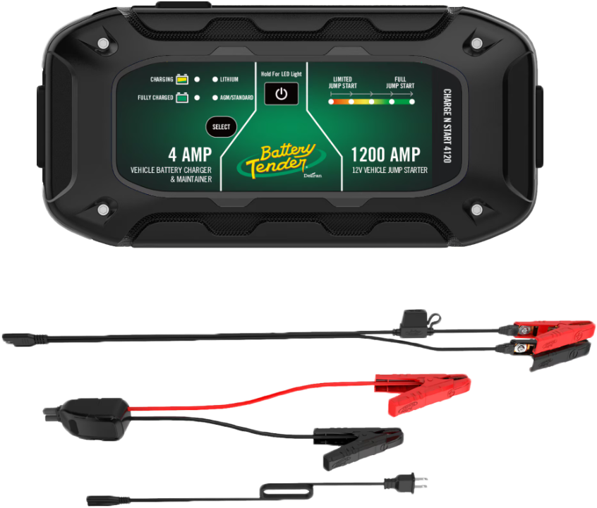 BATTERY TENDER, Battery Tender ChargeStart 4-Amp Battery Charger and 1200 Amp Jump Starter - Part #030-7020-WH