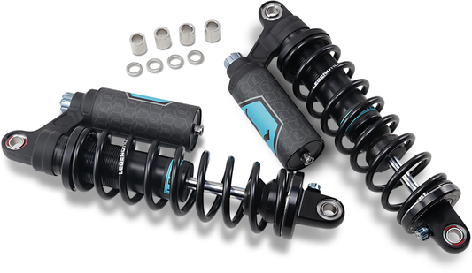Legend Suspension REVO ARC piggyback shocks for Harley Sportster, 13-inch suspension system with adjustable rear shocks.