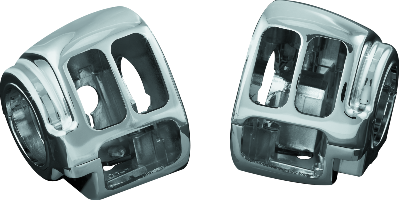 Kuryakyn chrome switch housings for Harley Davidson FXDB and XL models, featuring shiny chrome finish and ergonomic design.