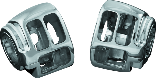 Kuryakyn chrome switch housings for Harley Davidson FXDB and XL models, featuring shiny chrome finish and ergonomic design.