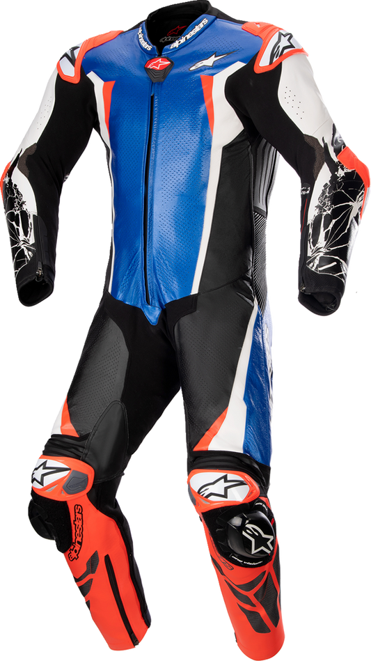 Alpinestars Racing Absolute v2 leather suit in black, blue, white, and red, size US 38 / EU 48, featuring protective racing design.