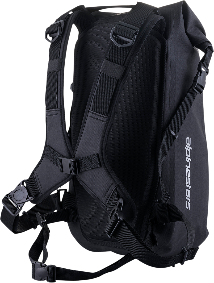 Black Alpinestars sealed backpack, protective gear by Bill's Exhausts, shown with adjustable straps and secure zipper closure.