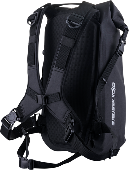 Black Alpinestars sealed backpack, protective gear by Bill's Exhausts, shown with adjustable straps and secure zipper closure.