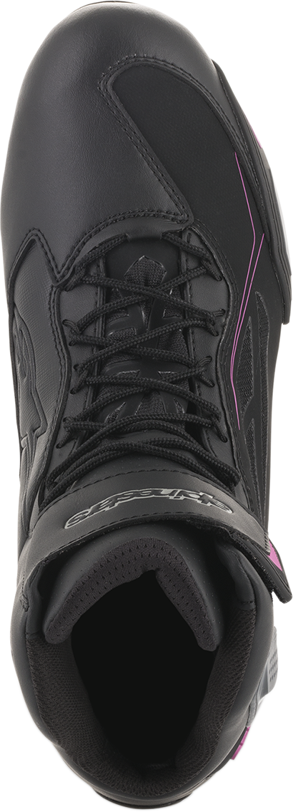 Alpinestars Faster-3 Drystar® riding shoes in black, gray, and pink with protective design and sporty style.