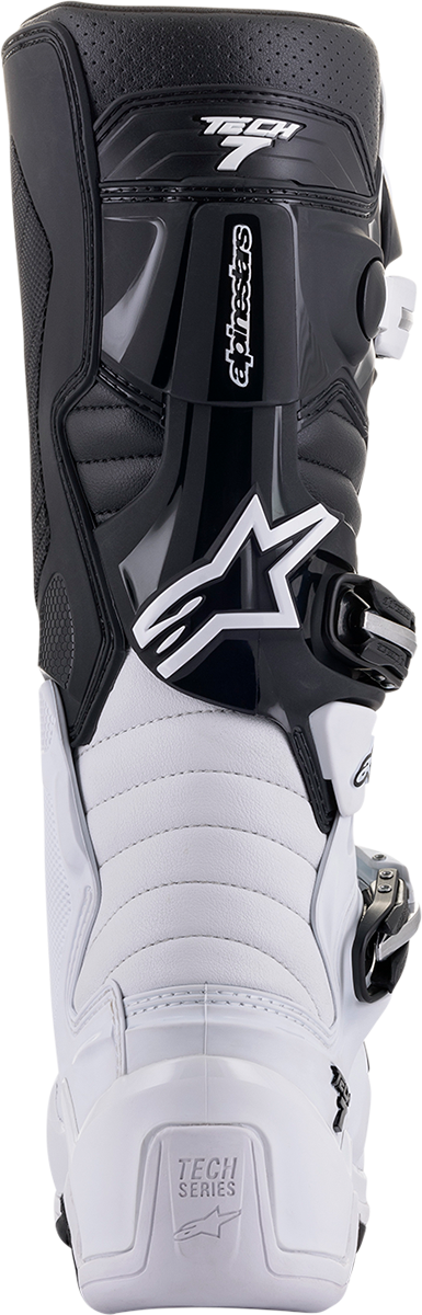 Alpinestars Tech 7 motorcycle boots in white and black, US size 10, featuring rugged design and protective features.