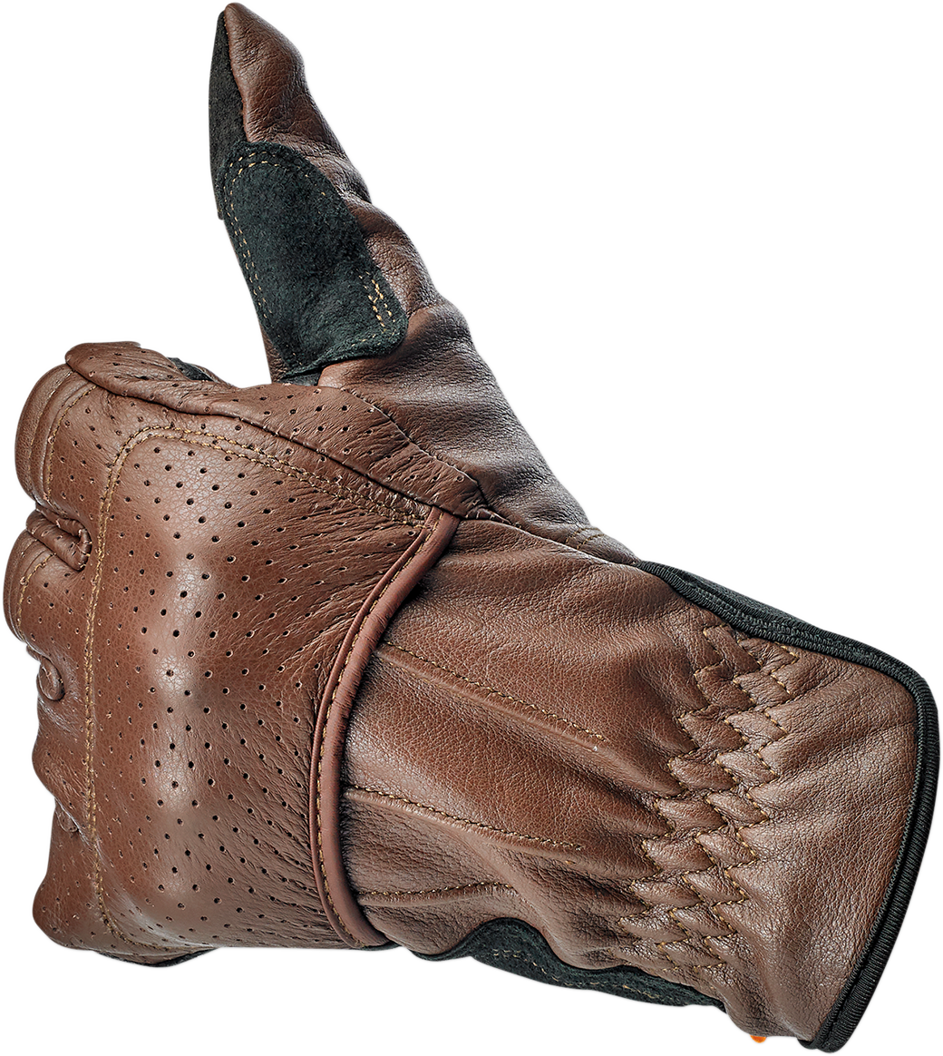 Bill's Exhausts BILTWELL Borrego Gloves in chocolate and black, large size, showing the textured leather and secure wrist closure.