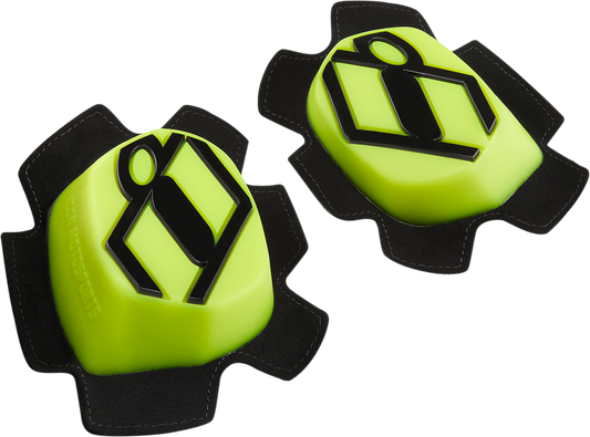 Bill's Exhausts ICON Cloverleaf 2 Knee Pucks guard in hi-vis yellow with protective padding, designed for knee impact safety.