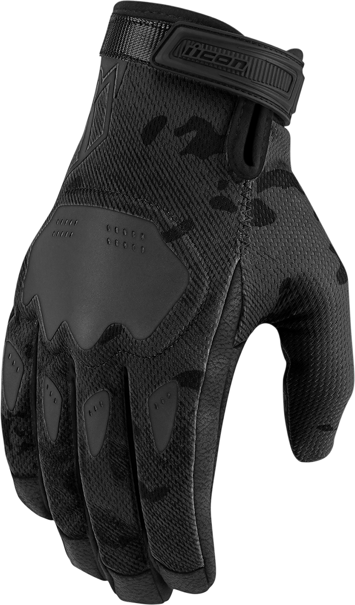 Bill's Exhausts ICON Hooligan™ CE gloves in dark camouflage, size XL, with padded knuckles and textured grip areas.