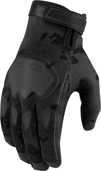 Bill's Exhausts ICON Hooligan CE Gloves in dark camo, 2XL size, featuring rugged design and protective features for motorcycling.