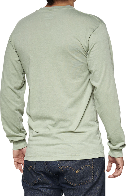 Bill's Exhausts 100% Bilto long-sleeve T-shirt in slate green, small size, showing front view with crew neckline and long sleeves.