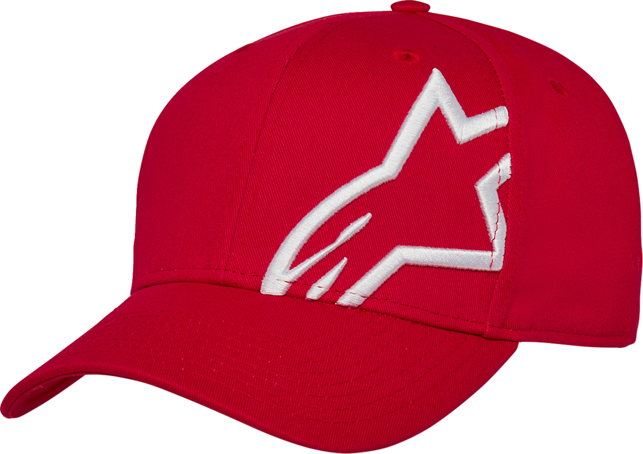 Alpinestars Corp Snap 2 hat in red and white, featuring a curved brim and adjustable snapback closure, on a plain background.