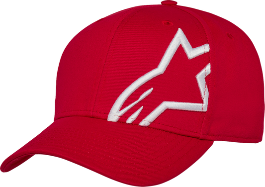 Alpinestars Corp Snap 2 hat in red and white, featuring a curved brim and adjustable snapback closure, on a plain background.