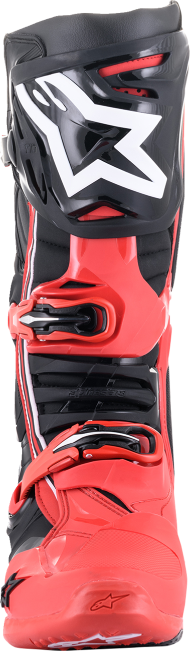 Alpinestars Tech 10 Acumen motorcycle boots in black and red, US size 10, featuring protective design and sturdy construction.