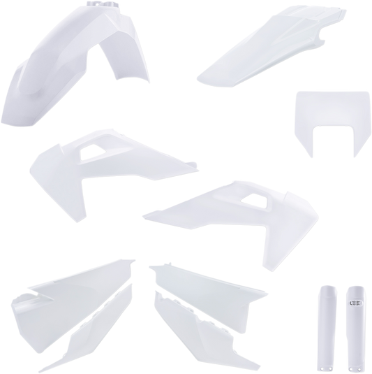 A white ACERBIS full replacement body kit for a vehicle, featuring smooth panels and aerodynamic design.