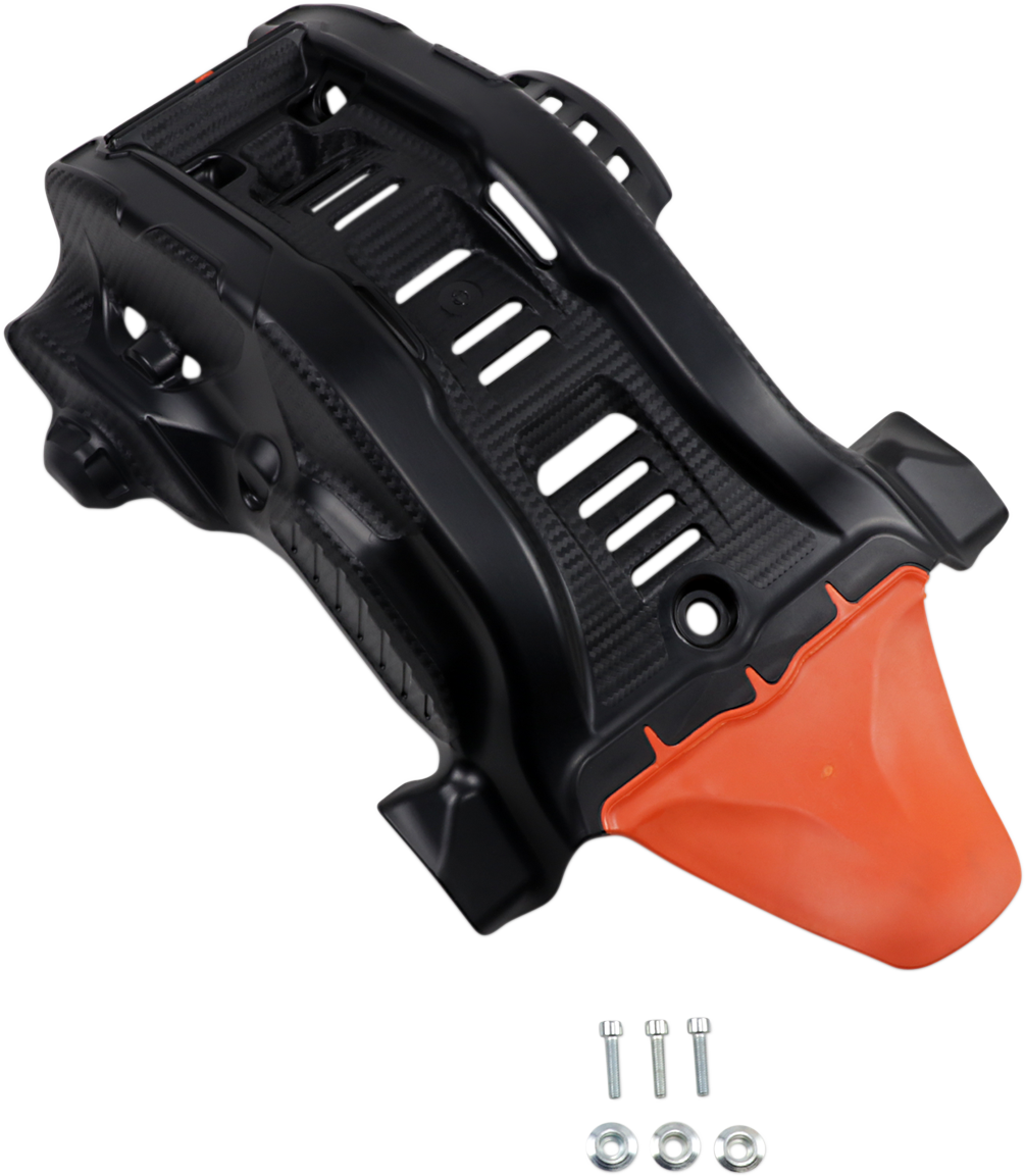 A black ACERBIS skid plate for Gas Gas, Husqvarna, and KTM bikes, designed to protect the body under off-road riding conditions.