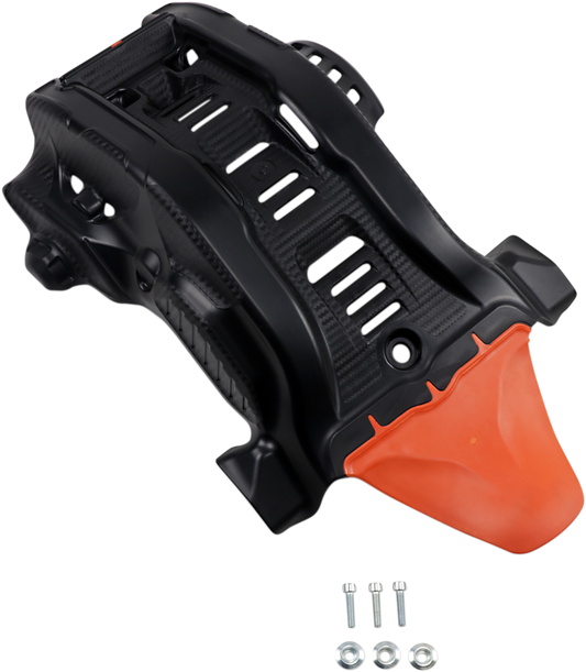 A black ACERBIS skid plate for Gas Gas, Husqvarna, and KTM bikes, designed to protect the body under off-road riding conditions.