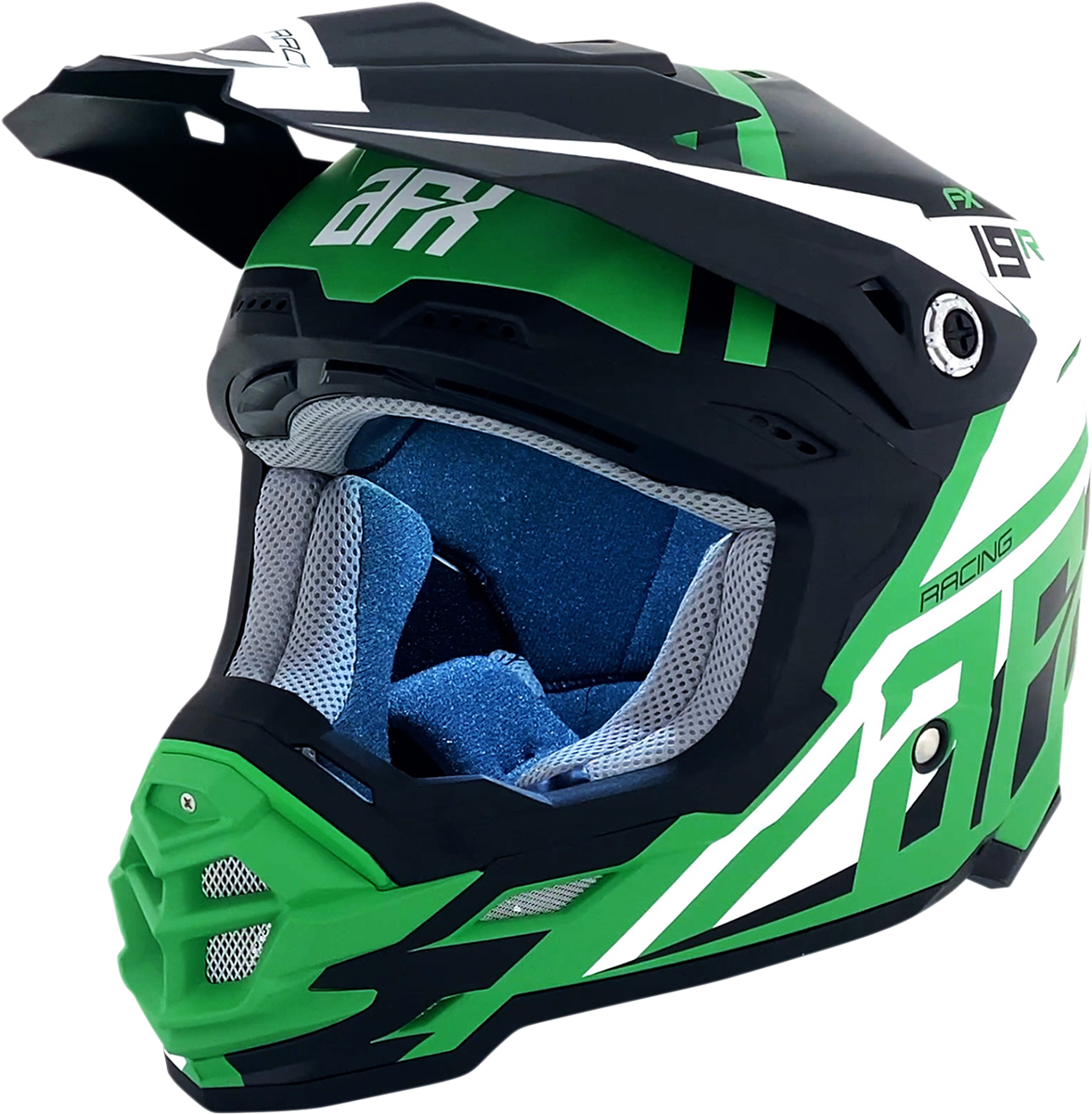 Matte green AFX FX-19R racing helmet in medium size, featuring aerodynamic design and ventilation for high-speed motorsports.