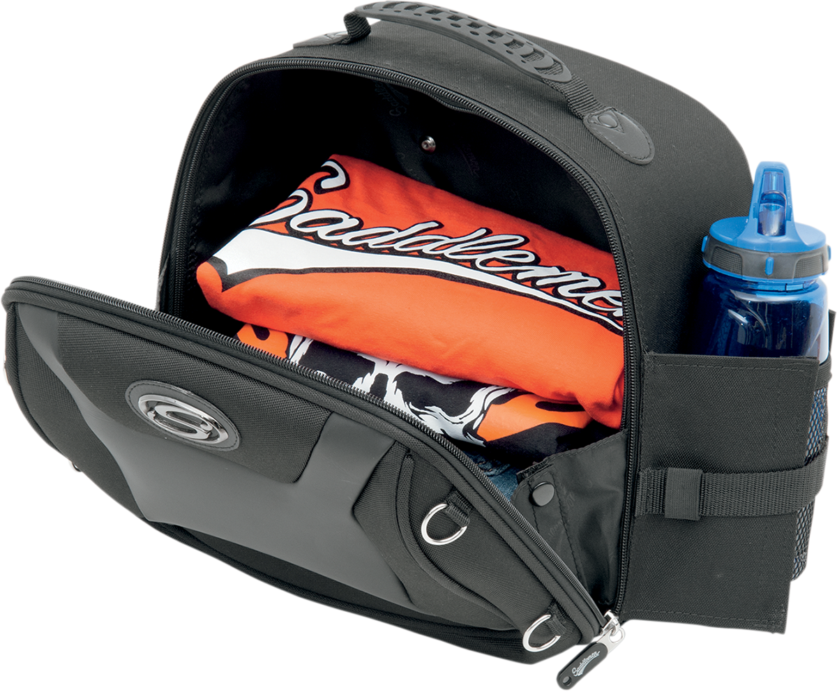 Bill's Exhausts SADDLEMEN FTB1000 Sport Sissy Bar Bag attached to motorcycle seat, black, weather-resistant, compact storage for bike touring