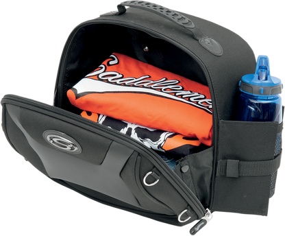 Bill's Exhausts SADDLEMEN FTB1000 Sport Sissy Bar Bag attached to motorcycle seat, black, weather-resistant, compact storage for bike touring